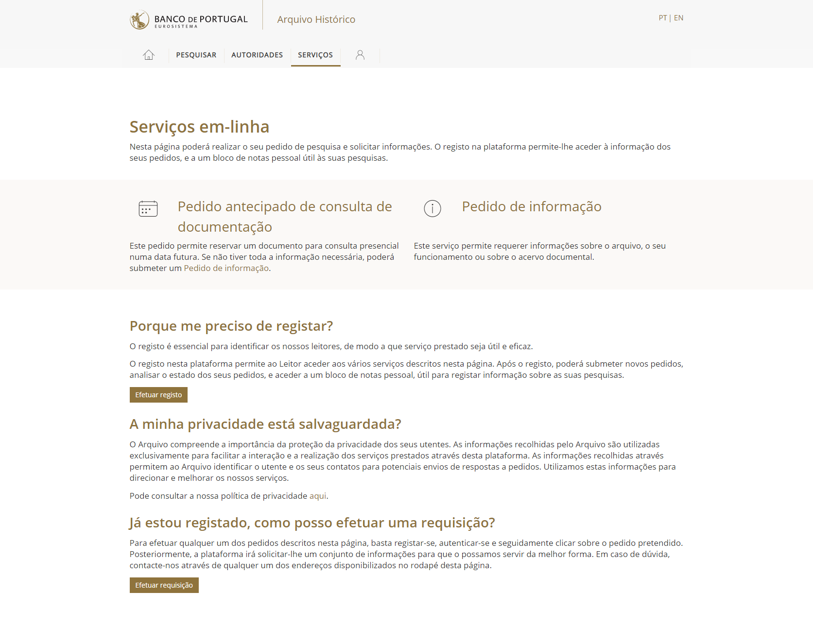 página serviços em linha