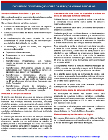 Documento de informação sobre os serviços mínimos bancários