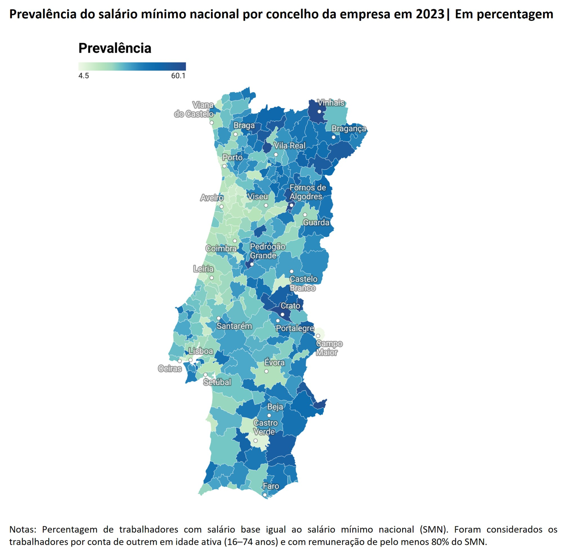 Prevalência do salário mínimo nacional por concelho da empresa em 2023| Em percentagem 