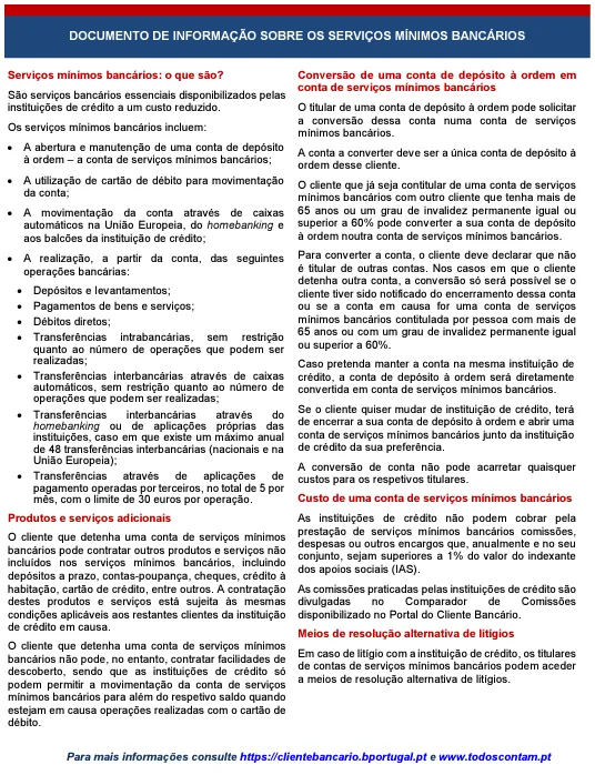 Documento de informação sobre os serviços mínimos bancários